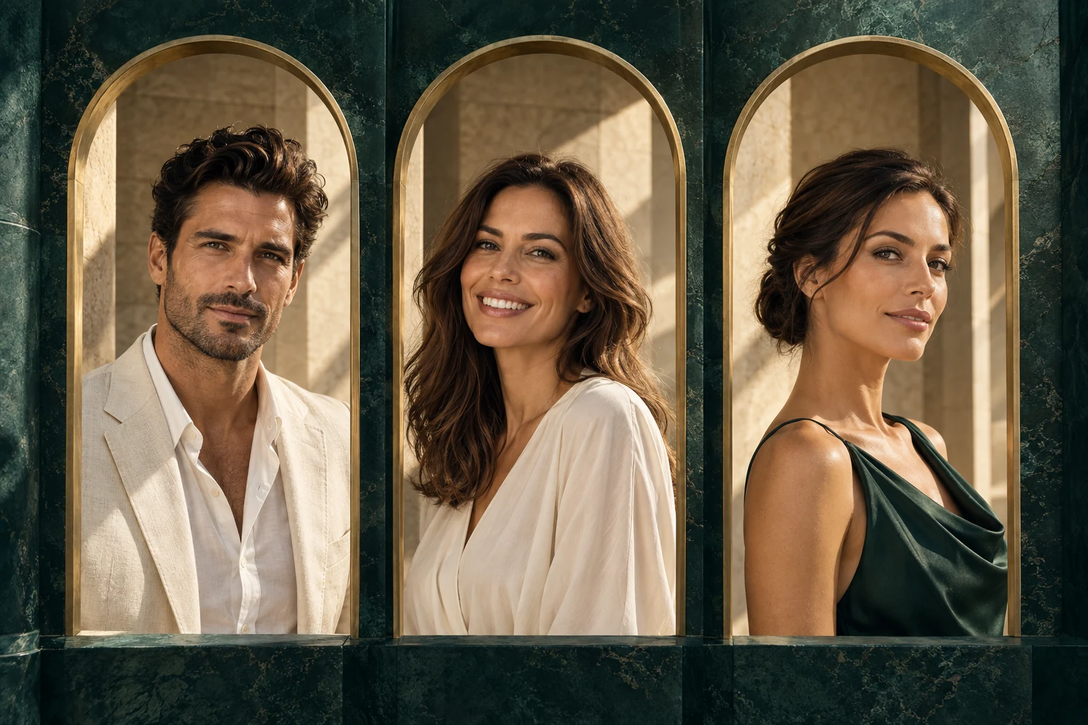 Illustrative campaign portraits: a man with naturally styled hair, a smiling woman and a woman in profile, framed by emerald stone and warm brass arches